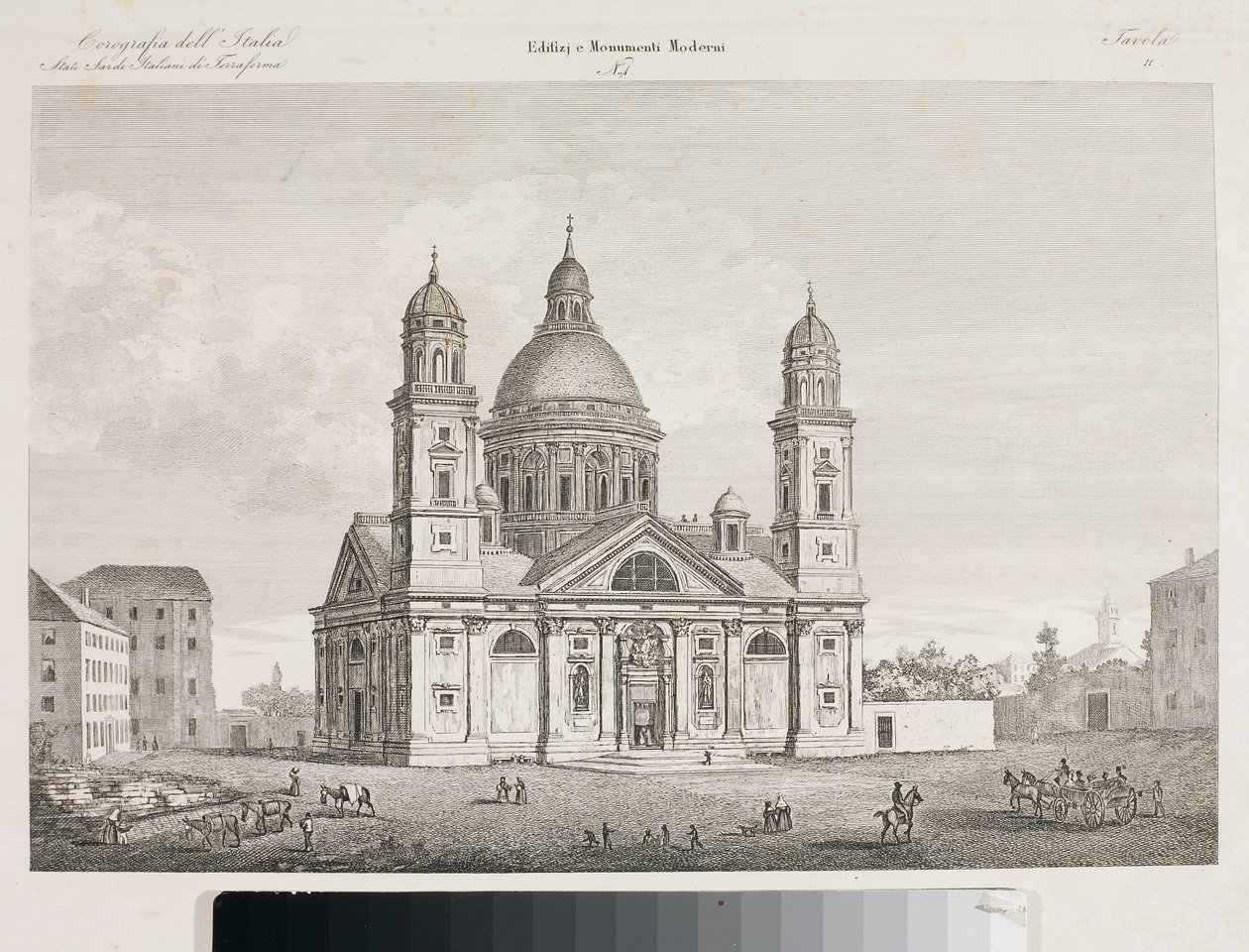 Näkymä Genovan Santa Maria Assunta di Carignanon basilikalle (etsaus tekijältä Luigi Garibbo