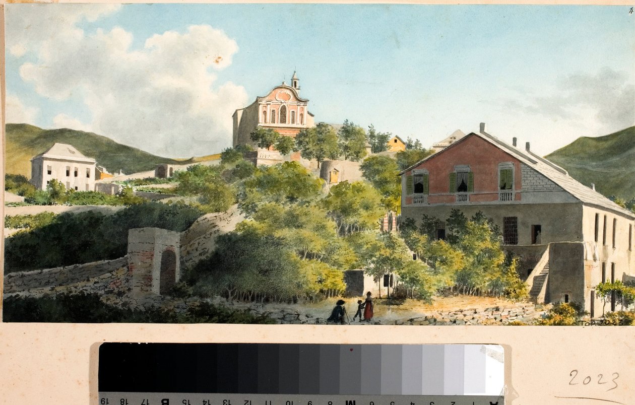 Näkymä kukkulalle ja Oreginan kirkolle, Genova (akvarelli, noin 1825) tekijältä Luigi Garibbo