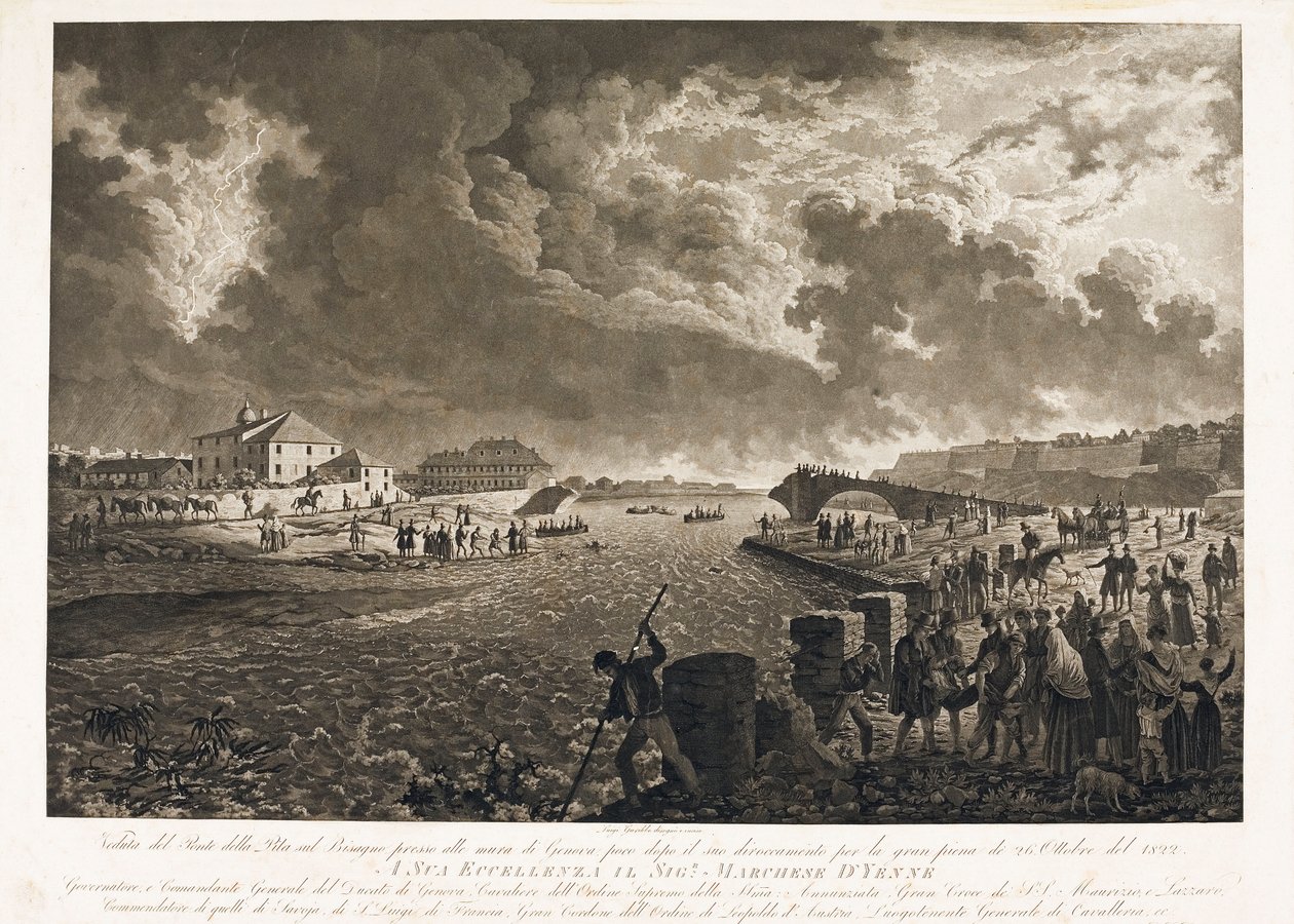 Näkymä Pilan sillalle Genovassa, Bisagno-joen tulvan jälkeen 26.10.1822 (etsaus, n. 1822) tekijältä Luigi Garibbo