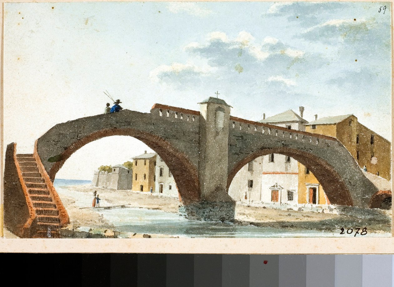 Näkymä Leiran ylittävälle sillalle Voltrissa, Genovassa (akvarelli, n. 1820) tekijältä Luigi Garibbo