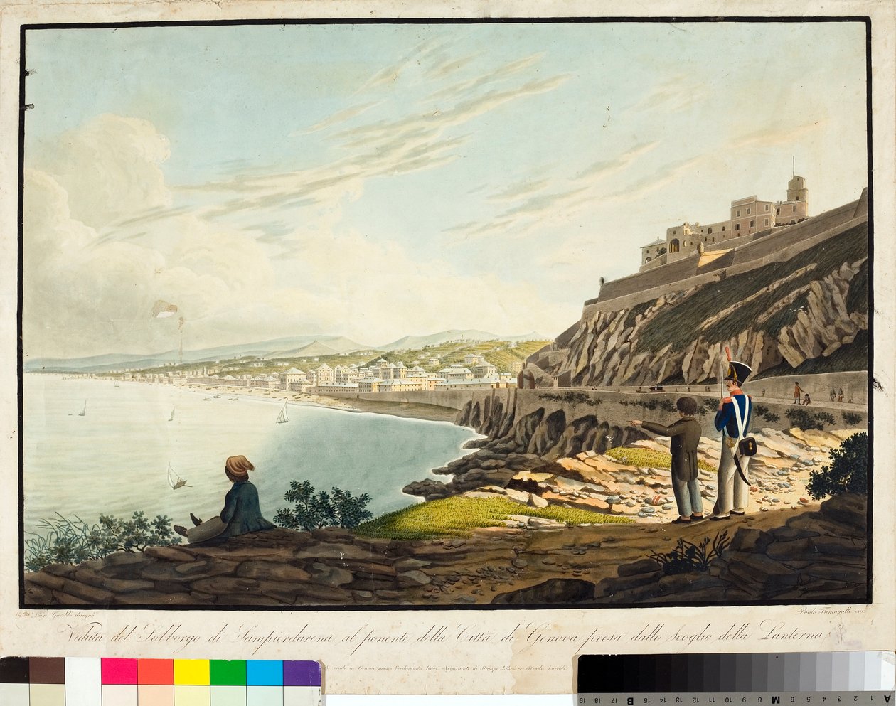 Näkymä Sampierdarenan alueelle Genovan länsipuolella majakasta. (Etsaus, n. 1813-1814) tekijältä Luigi Garibbo
