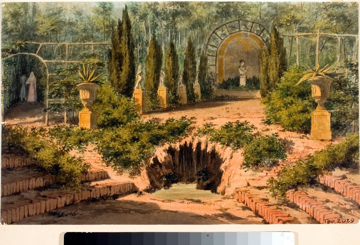 Näkymä Villa Doria a Peglin puutarhaan lähellä Genovaa (akvarelli, noin 1825) tekijältä Luigi Garibbo
