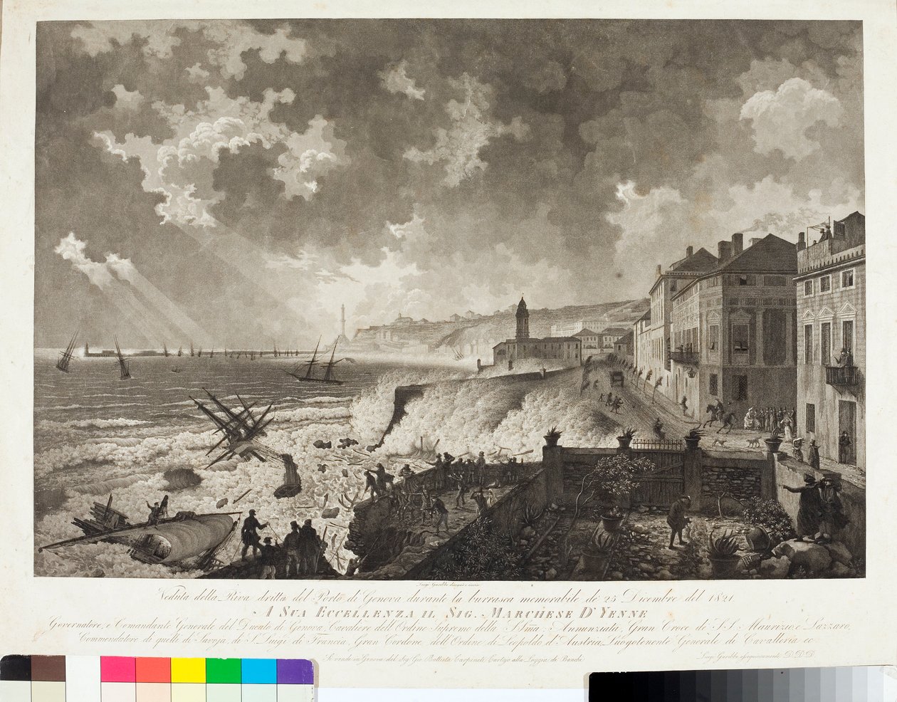 Näkymä Genovan satamasta tempeten aikana 25.12.1821 (kaiverrus, n. 1821) tekijältä Luigi Garibbo