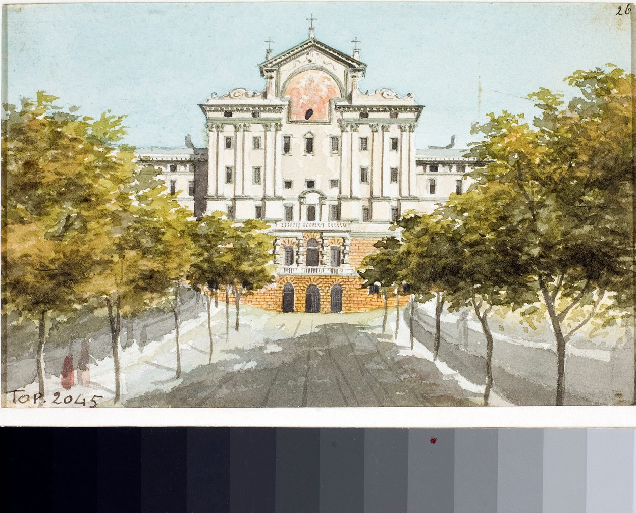 Näkymä Genovan köyhien hoitokodista (piirustus ja akvarelli, n. 1825) tekijältä Luigi Garibbo