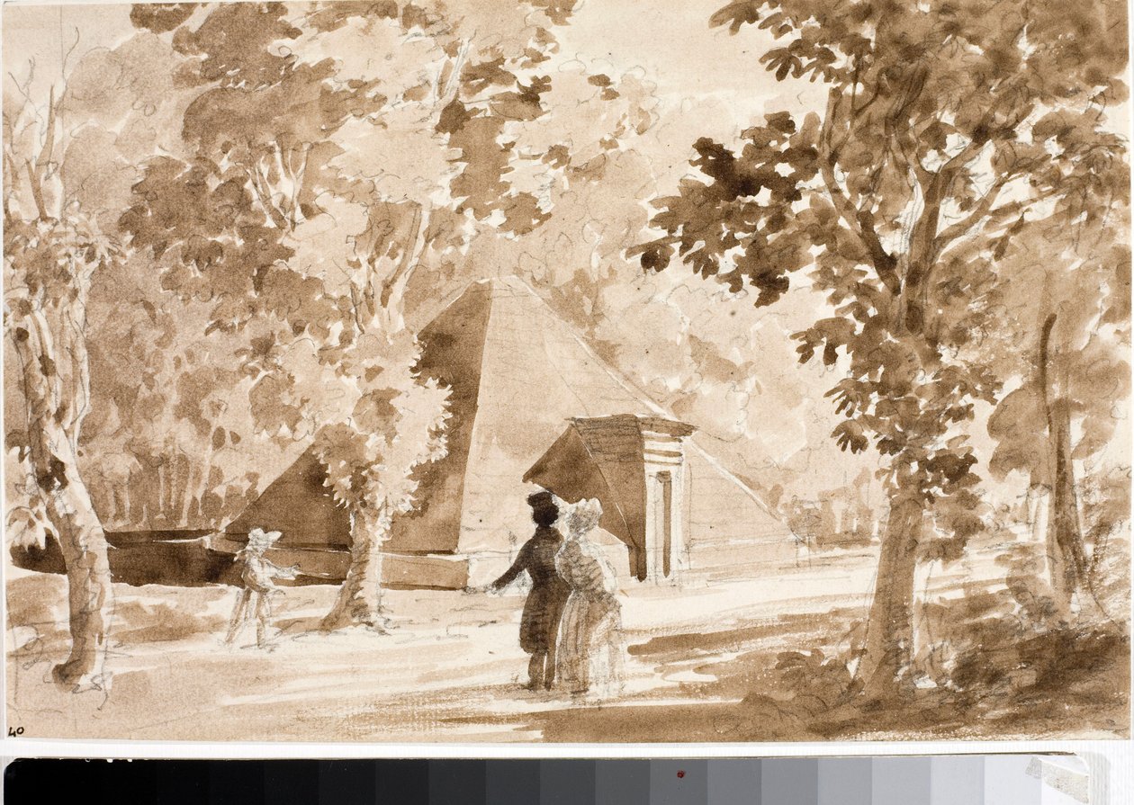 Näkymä Parco delle Cascinen pyramidista Firenzessä (akvarelli, n. 1820) tekijältä Luigi Garibbo