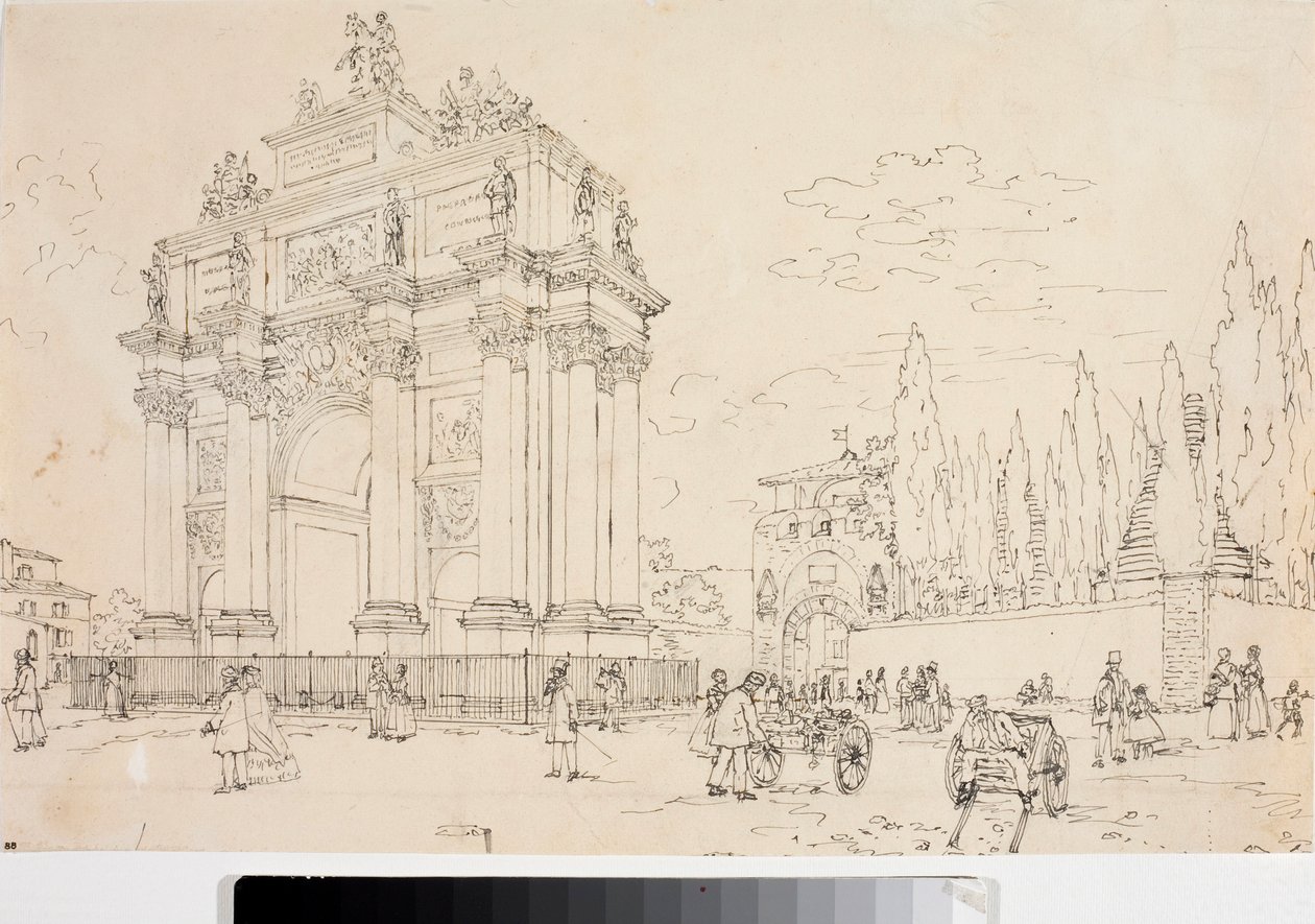 Näkymä riemukaarista Porta san Gallossa, Firenzessä (piirustus, noin 1825) tekijältä Luigi Garibbo