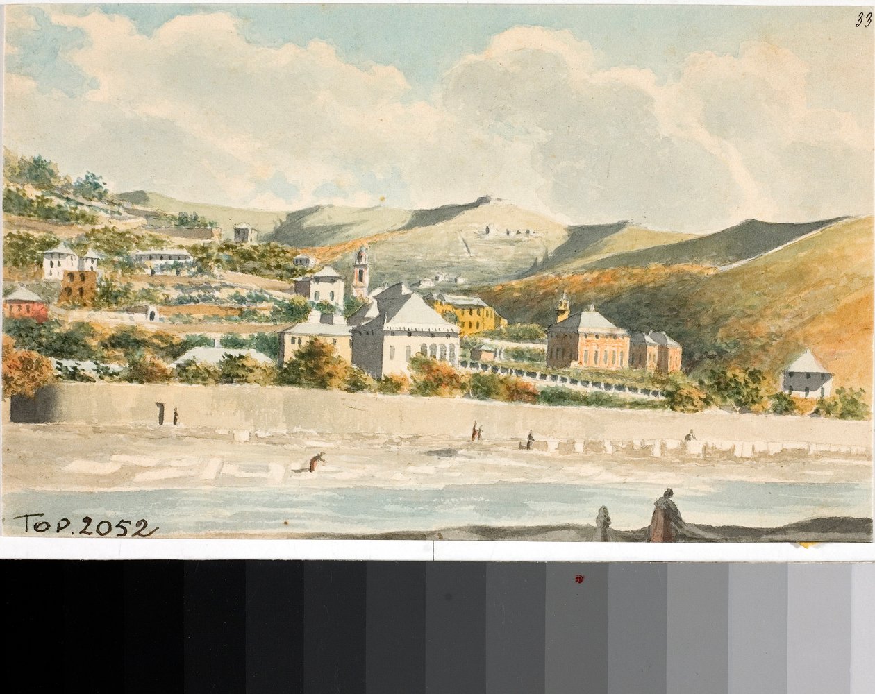 Näkymä Marassin kukkulalle ja Santa Margherita -kirkon kellotorni lähellä Genovaa (akvarelli, n. 1825) tekijältä Luigi Garibbo