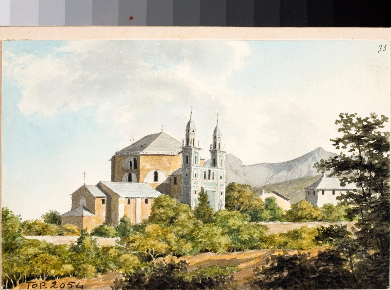 Näkymä ss Nazariuksen ja Celsuksen kirkolle Arenzanossa, Genovassa (akvarelli, n. 1825) tekijältä Luigi Garibbo