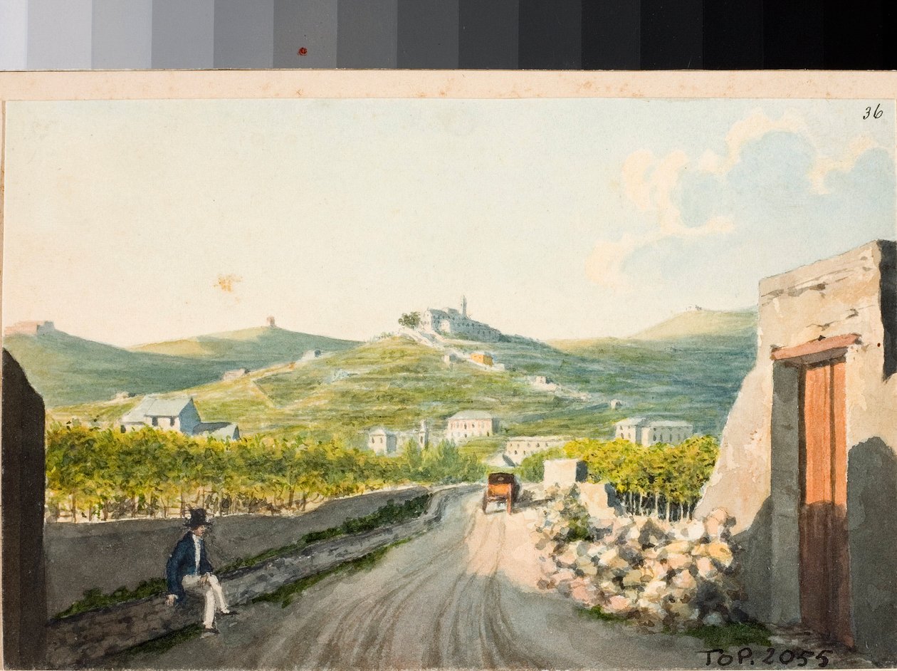 Näkymä pyhäkölle Nostra Signora del Monte, Genova (akvarelli, noin 1825) tekijältä Luigi Garibbo