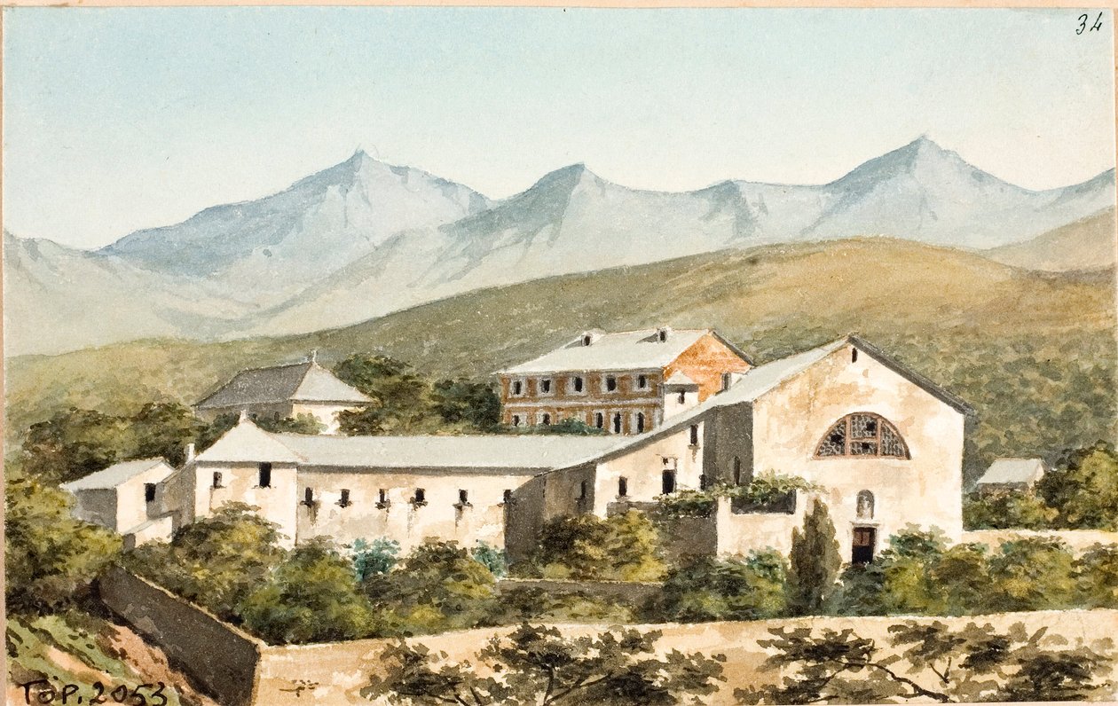 Näkymä Nostra Signora del Monten pyhäkölle, Genova (akvarelli, noin 1825) tekijältä Luigi Garibbo