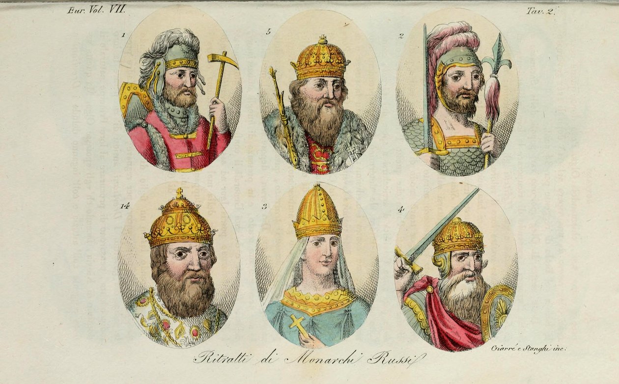 1. Rurik 2. Igor Kiovan 3. Olga 4. Svjatoslav 5. Vladimir Suuri 14. Ivan IV Giulio Ferrarion muinainen puku, 1831 tekijältä Luigi Giarrè