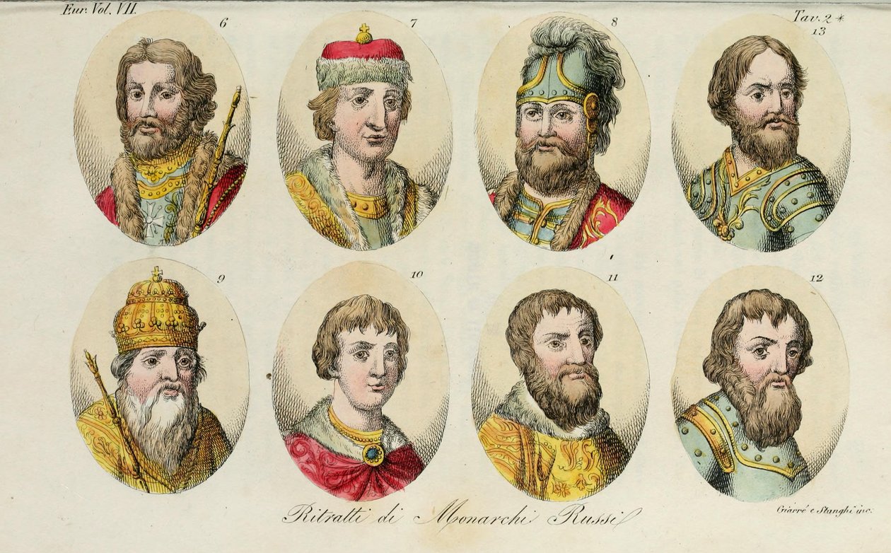 sh. Jaroslav sh. Svjatoslav I 8. Svjatopolk I. Vladimir Monomakh 10. Juri I 11. Ivan I 12. Dmytro Donskoy 13. Ivan III, 1831 tekijältä Luigi Giarrè