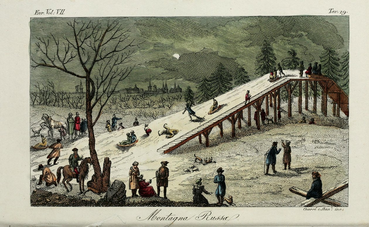Vuoristorata. Kuva Giulio Ferrarion muinaisista ja nykyaikaisista tavoista tai hallintohistoriasta, 1831 tekijältä Luigi Giarrè