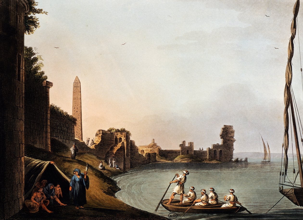 Kleopatran, Luigi Mayerin (1755-1803) muinaiset seinät ja obeliski, kaiverrus Vedutesta tekijältä Luigi Mayer