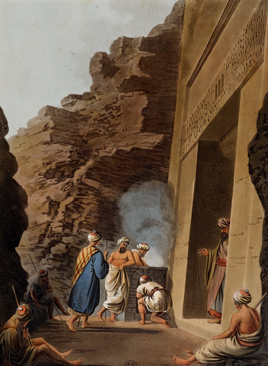 Sisäänkäynti Gizan sfinksin hautakammioon, kaiverrus, Luigi Mayer (1755-1803), Näkymät Egyptissä, Palestiinassa ja muissa Osmanien valtakunnan osissa tekijältä Luigi Mayer