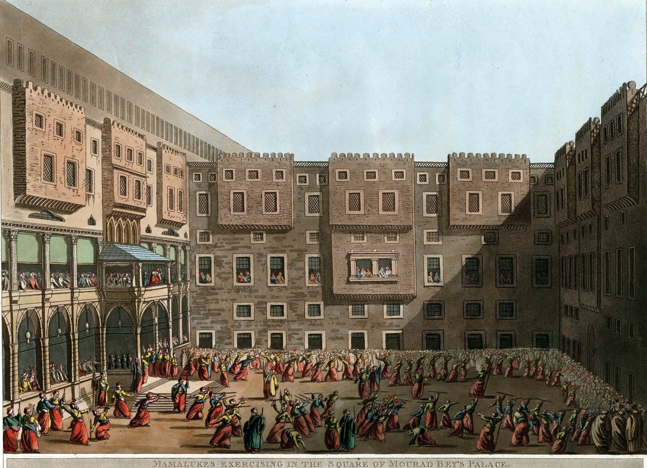 ""Mamelukit harjoittelevat Mourad Beyn palatsin pihalla, Tunisissa"" (Mamelukit harjoittelemassa Murad Beyn palatsin aukiolla) Luigi Mayerin (1755-1803) litografia - 1802 Koko 22,9x31,6 cm Yksityiskokoelma tekijältä Luigi Mayer