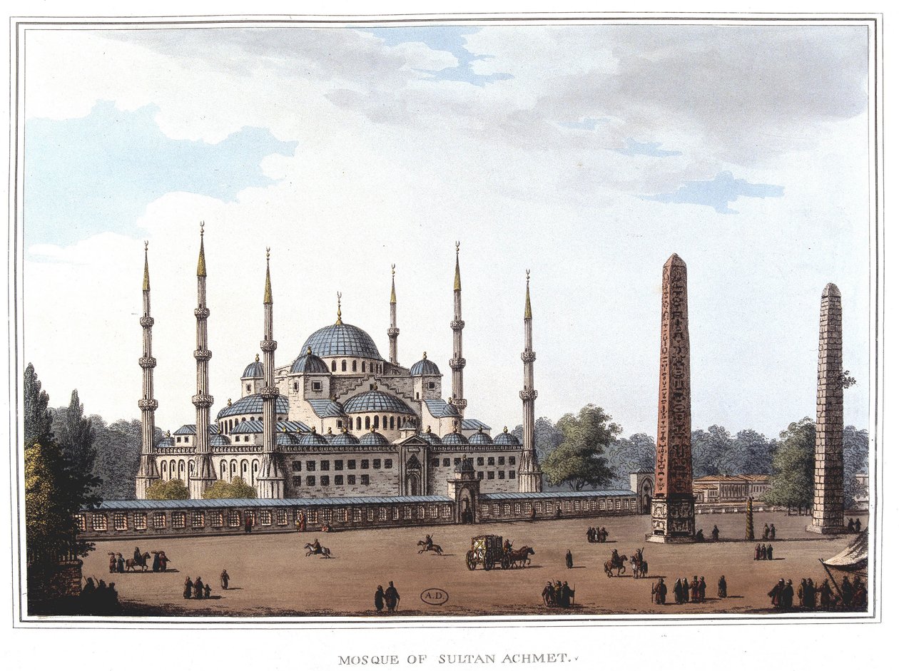 Sulttaani Ahmedin moskeija (1609-1616), Istanbul. "" Näkymät ottomaanien hallituksilla, Euroopassa, Aasiassa ja joillakin Välimeren saarilla"" alkuperäisistä piirustuksista, jotka on ottanut Luigi Mayer, Lontoo tekijältä Luigi Mayer