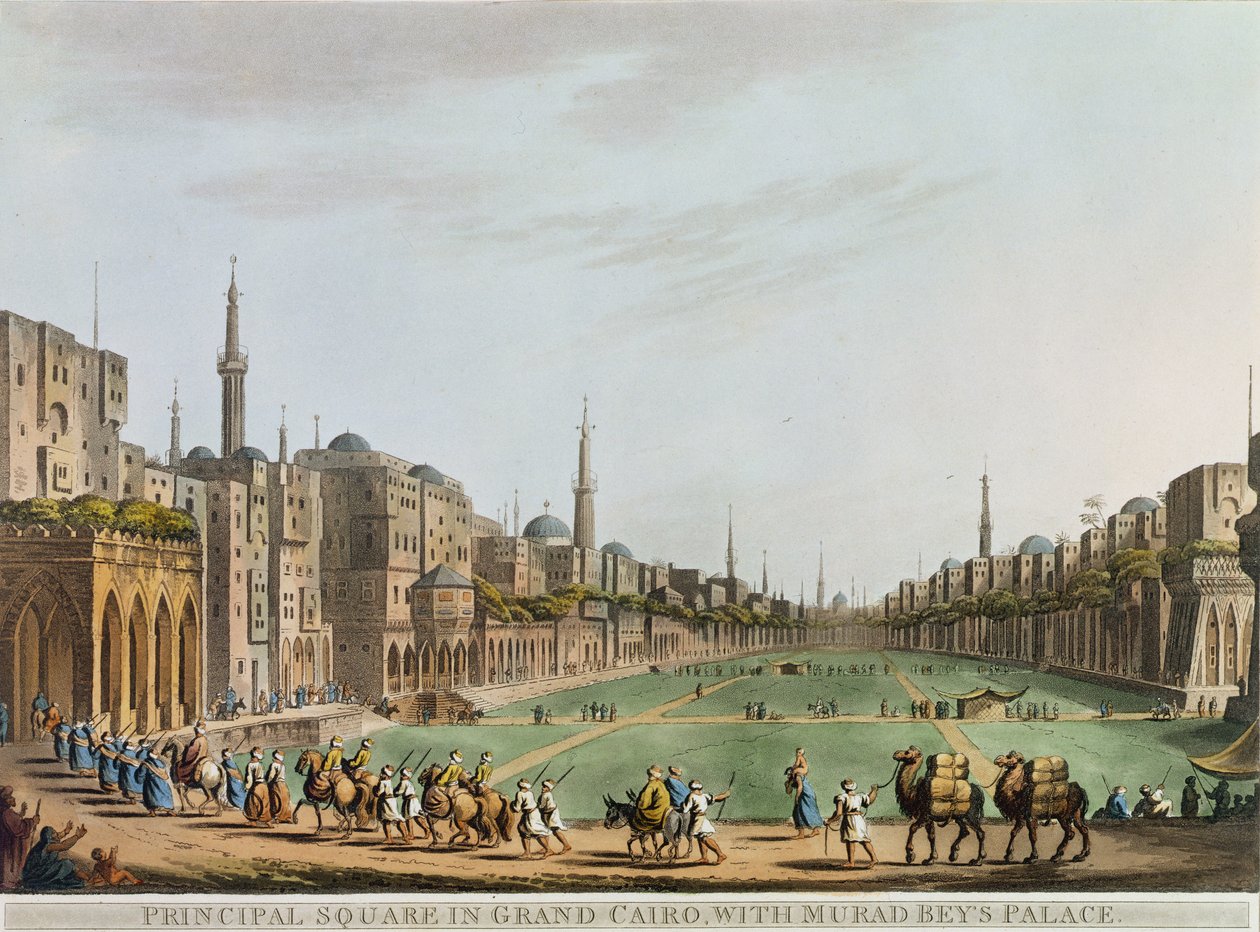 Pääaukio Grand Kairossa, Murad Beyn palatsi, levy 27 Näkymät Egyptissä, kaiverrettu Thomas Miltonin (1743-1827) pubin toimesta. kirjoittanut Robert Bowyer (1758-1834) 1801 (akvatinta) tekijältä Luigi Mayer