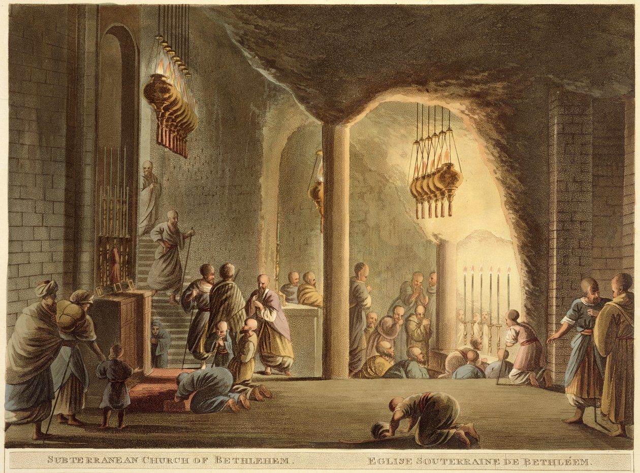 Betlehemin maanalainen kirkko, julkaisusta Views of Palestine, Vol.II, julkaisija R. Bowyer Historic Gallery, Lontoo, 1803 (värillinen akvatinta) tekijältä Luigi Mayer