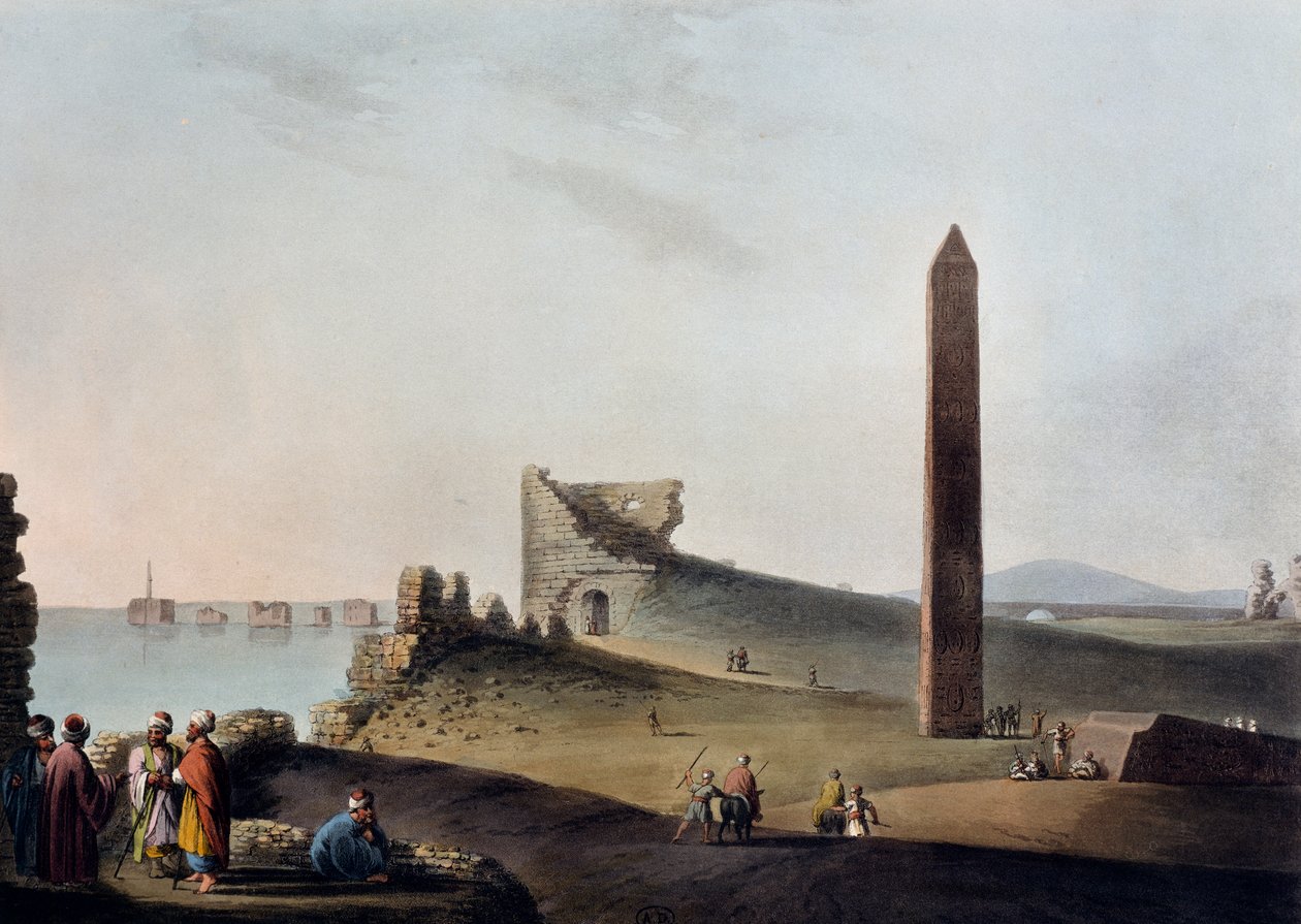 Aleksandrian obeliskit, jotka tunnetaan nimellä Kleopatran neulat, kaiverrus, Luigi Mayer (1755-n. 1803), Näkymät Egyptissä, Palestiinassa ja muissa Osmanien valtakunnan osissa tekijältä Luigi Mayer