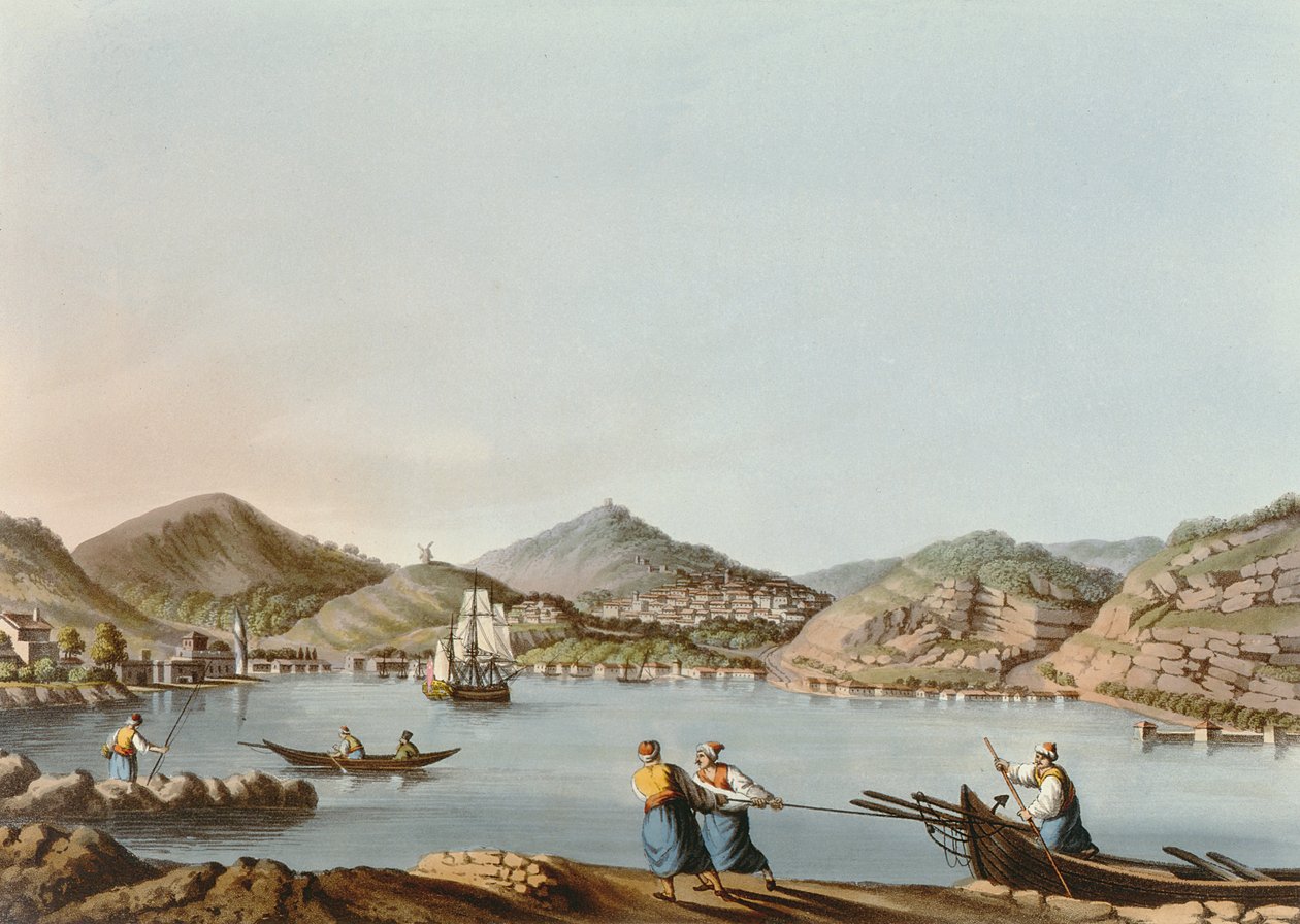 Samoksen saaren länsisatama, levy 60 julkaisusta Views in the Ottoman Dominions, pubi. kirjoittanut R. Bowyer, 1810 (akvatinta) tekijältä Luigi Mayer