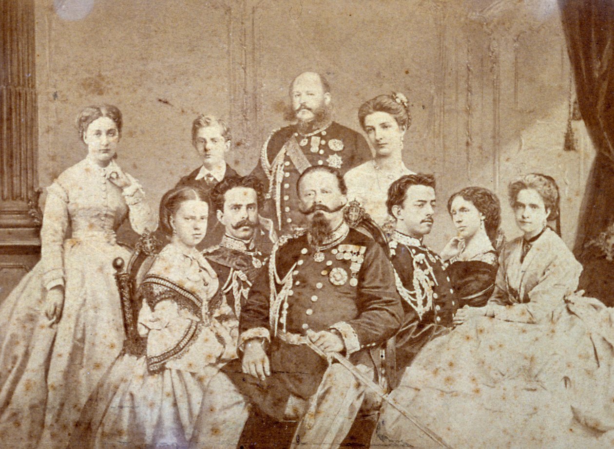 Kuvassa on Savoijin kuninkaallisen perheen eri jäseniä. Keskellä istuvat Victor Emmanuel II, Umberto I ja Amedeo täydessä juhla-asussa; hallitsijan tyttäret ja Elisabetta Saksin tyttäret tyylikkäissä vaatteissa. Taustalla vasemmalla tekijältä Luigi Montabone