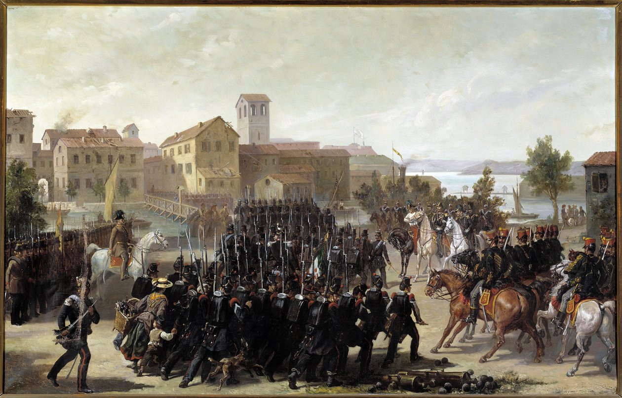 Piemontelaiset valtasivat Peschiera del Gardan kaupungin 30. toukokuuta 1848 (öljy kankaalle tekijältä Luigi Morgari
