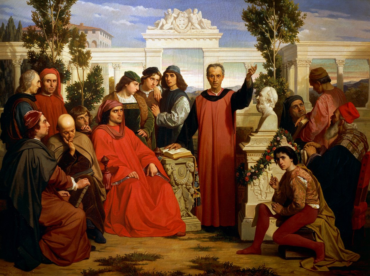 Platonin syntymäpäivä ja vanhemmuus (428 eKr.-348 tai 427 tai 347 eKr.), jota Lorenzo Magnificent vietti Villa di Careggissa tekijältä Luigi Mussini