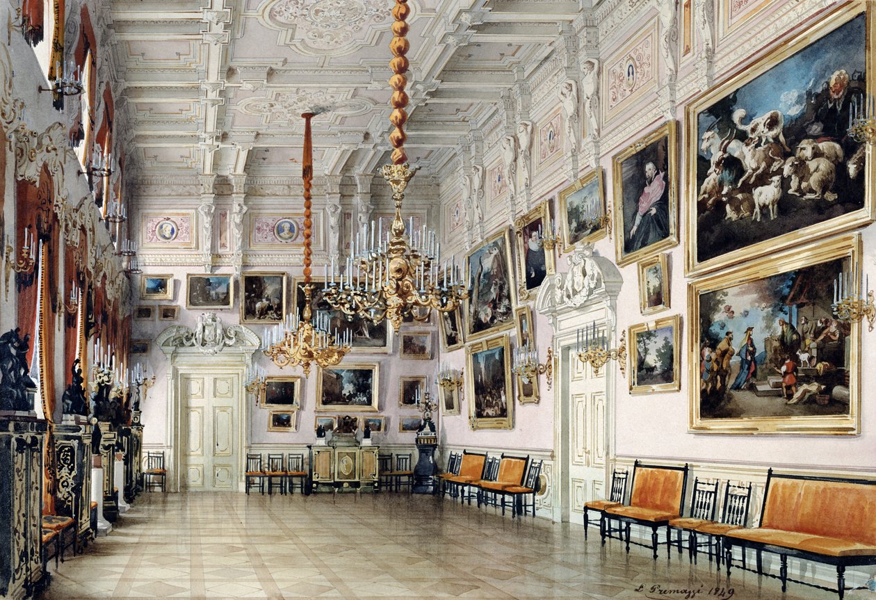 Tanssisali kreivi Bezborodkon talossa, Pietari, 1849 (kynä, sivellin, wc, muste ja valkoinen väri paperille, 1849 (kynä, sivellin, wc, muste ja valkoinen väri paperille) tekijältä Luigi Premazzi