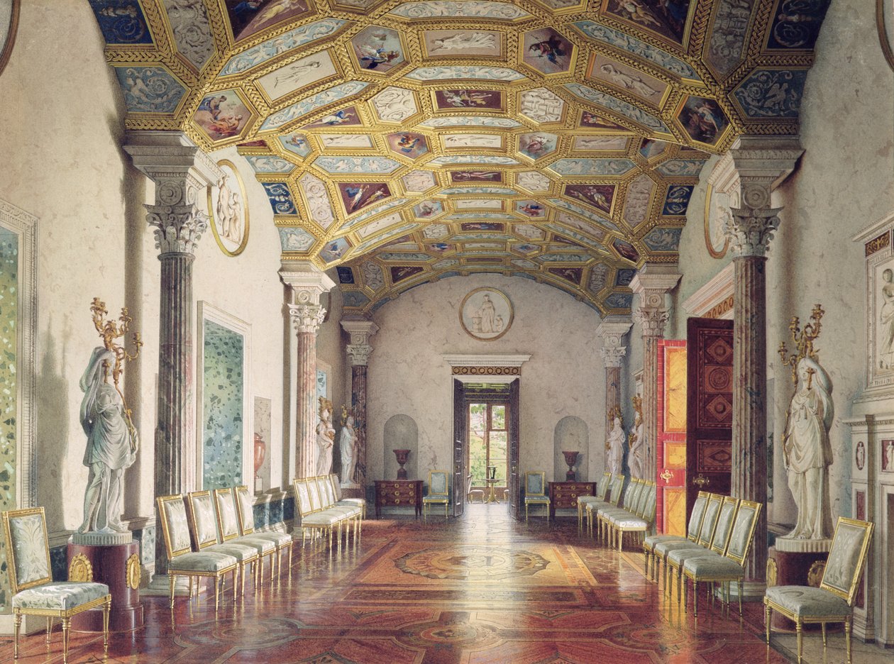 Suuri akaattisali Katariinan palatsissa Tsarskoje Selossa, 1859 (wc ja valkoinen väri paperille) tekijältä Luigi Premazzi
