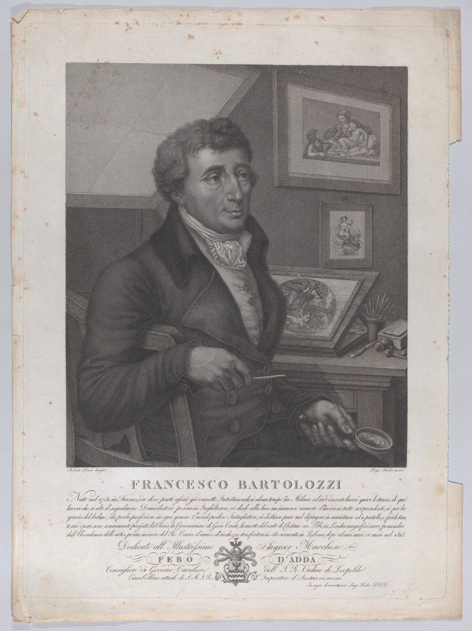 Muotokuva Francesco Bartolozzista, istuva, kädessään suurennuslasi ja grafiikkatyökalu..., 1827 tekijältä Luigi Rados