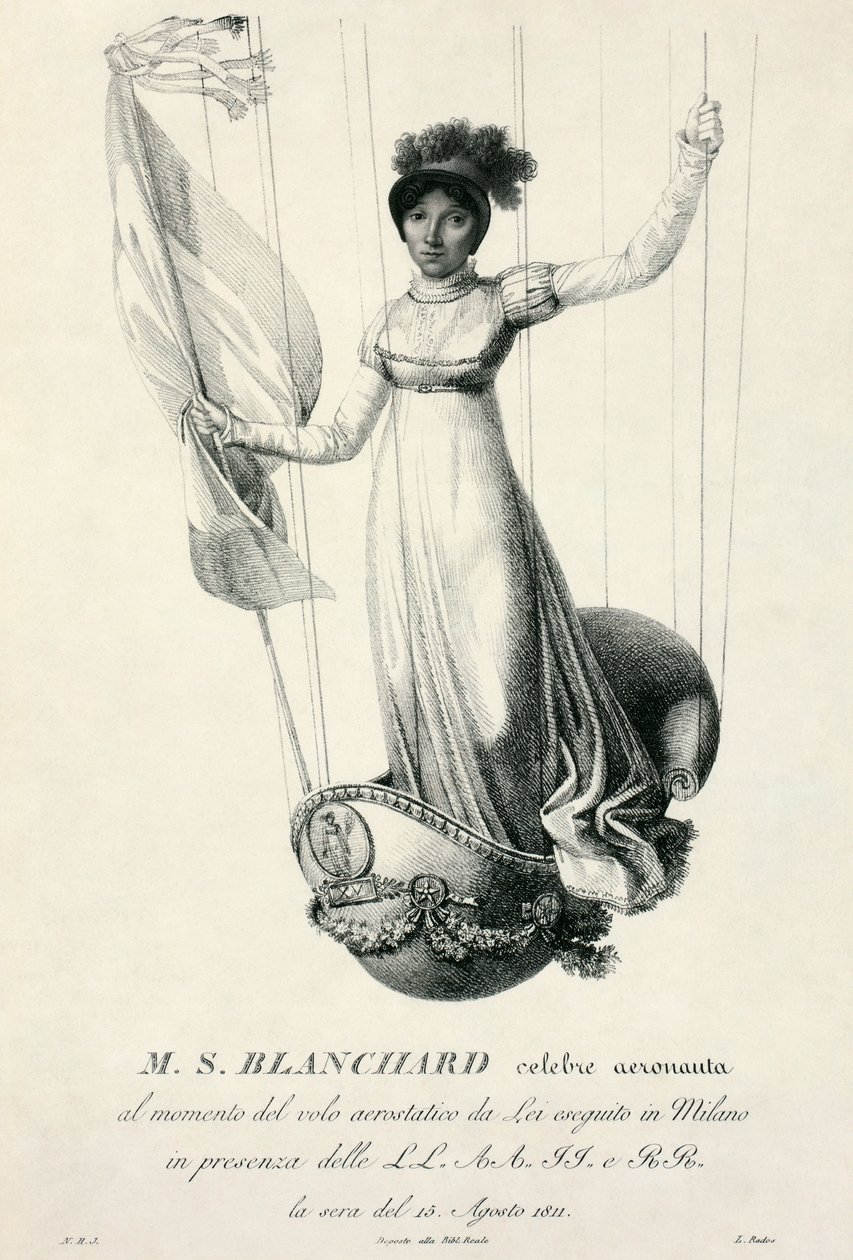 Muotokuva ranskalaisesta ilmapalloilijasta Sophie Blanchardista hänen lennon aikana Milanossa, Italiassa, 1811 tekijältä Luigi Rados
