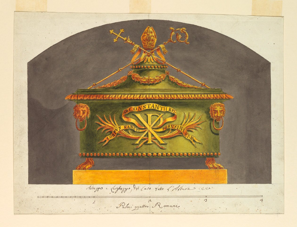 Piirustus, Sarkofagi reliikkiä varten, n. 1825. tekijältä Luigi Righetti