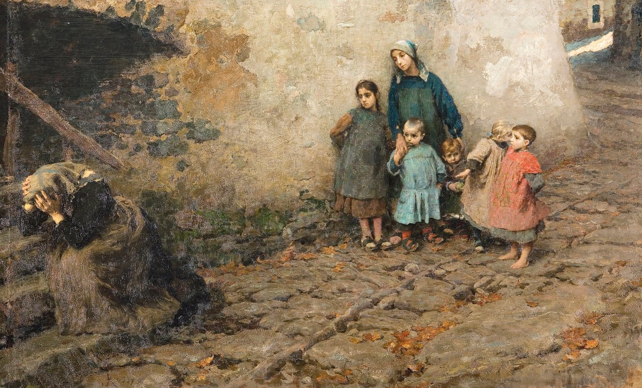 Tuskan koulu Lapset katselevat äitiään itkien Luigi Rossin (1853-1923) maalaus 1895 Yksityiskokoelma 1895 tekijältä Luigi Rossi