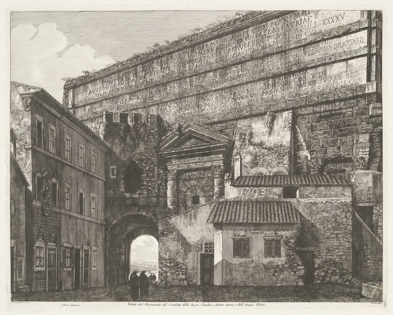 Porta Maggiore te Rooma Näkymä Condotto delle Acque Claudian ja Anione Nuovon muistomerkille ja Acqua Felicelle (otsikko esineessä) tekijältä Luigi Rossini