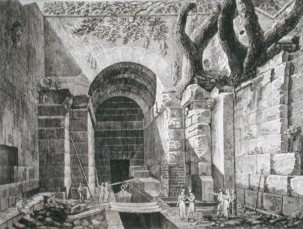 Roomalaiset jäännökset Castel Gandolfossa, Albano-järvellä, julkaisusta "The Antiquities of the Contours of Rome", julkaistu 1824-26 (etsaus) tekijältä Luigi Rossini
