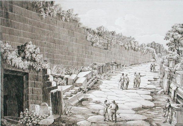 Roomalainen tie Tusculoon, sen ensimmäisen kaivauksen jälkeen vuonna 1825, kirjasta "Le Antichita dei contorni di Roma", julkaistu 1824-26 (etsaus) tekijältä Luigi Rossini