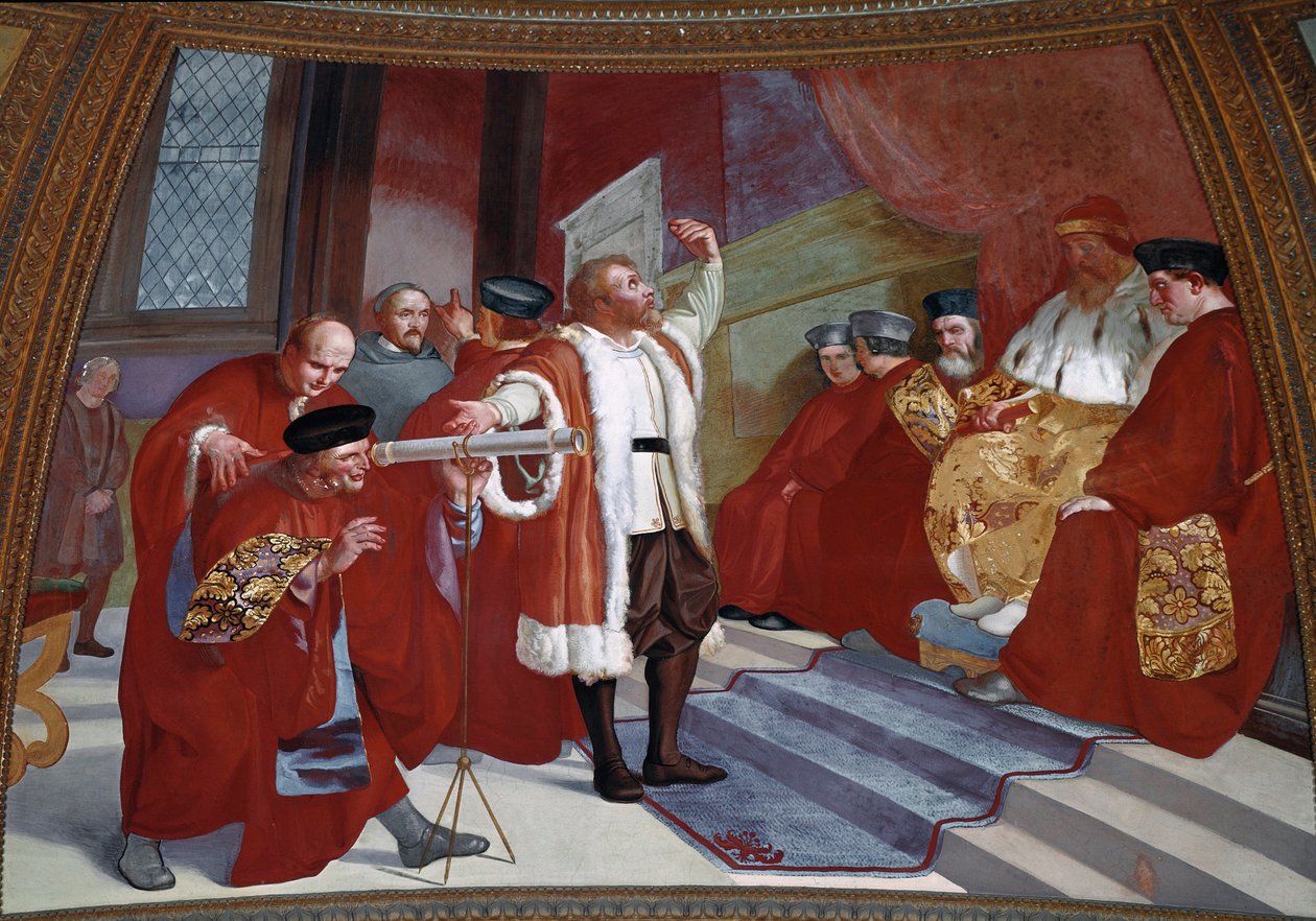 Galilea dit Galileo Galilei (1564-1642) Dogen läsnäollessa. Tiedemies esittelee kaukoputken Venetsian senaatissa Pyhän Markuksen aukion kellotornissa. Luigi Sabatellin (1772-1850) maalaus. Fresko. Firenze, Tribuna Galileiana tekijältä Luigi Sabatelli