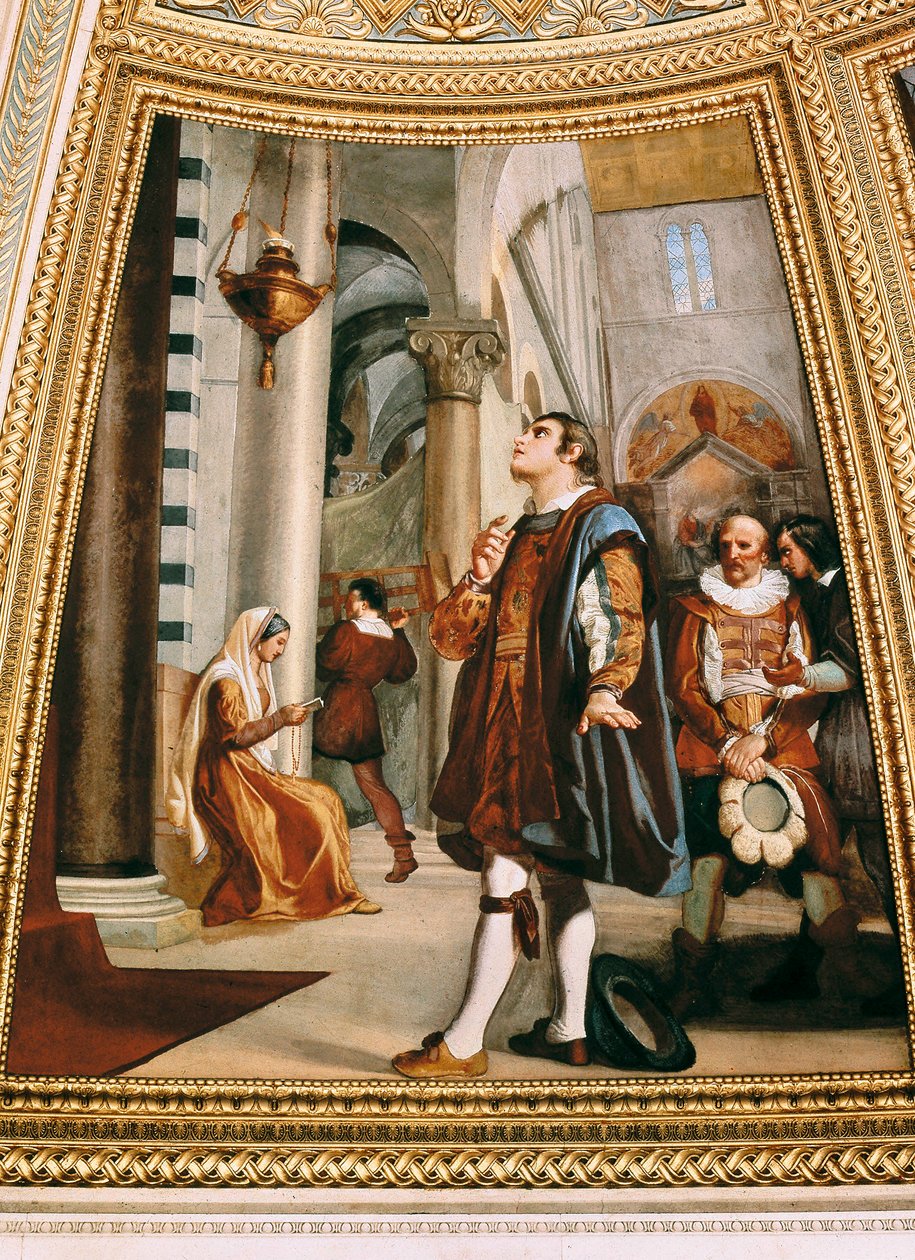 Galileo Galilei katselee kattokruunua, joka heiluu edestakaisin Pisan katedraalissa 1582 tekijältä Luigi Sabatelli