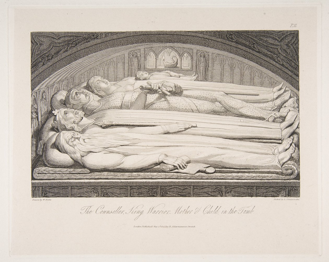 Neuvonantaja, kuningas, soturi, äiti ja lapsi haudassa, teoksesta The Grave, a Poem..., 1. maaliskuuta 1813. tekijältä Luigi Schiavonetti