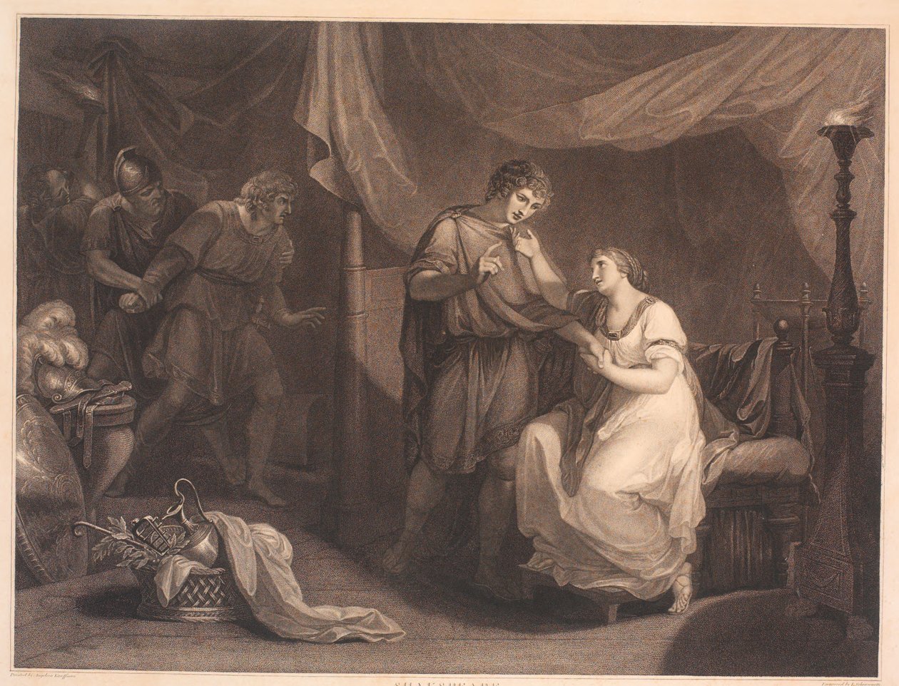 Troilus yllättää Cressidan ja Diomedesin. William Shakespearen "Troilus ja Cresida", näytös 5, kohtaus 2 tekijältä Luigi Schiavonetti
