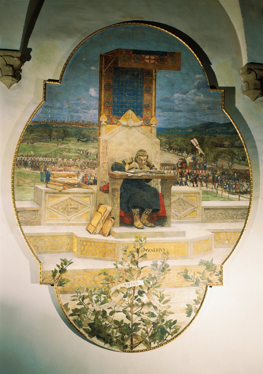 Irnerio huomioi vanhoja lakeja, Luigi Serra (1846-1888), irrotettu fresko, 486x355 cm tekijältä Luigi Serra