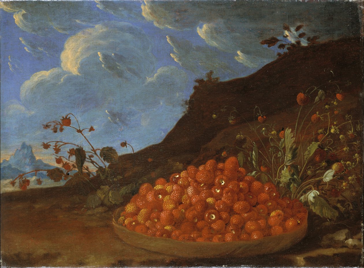 Villimansikoiden kori maisemassa, n. 1770 tekijältä Luis Menendez or Melendez