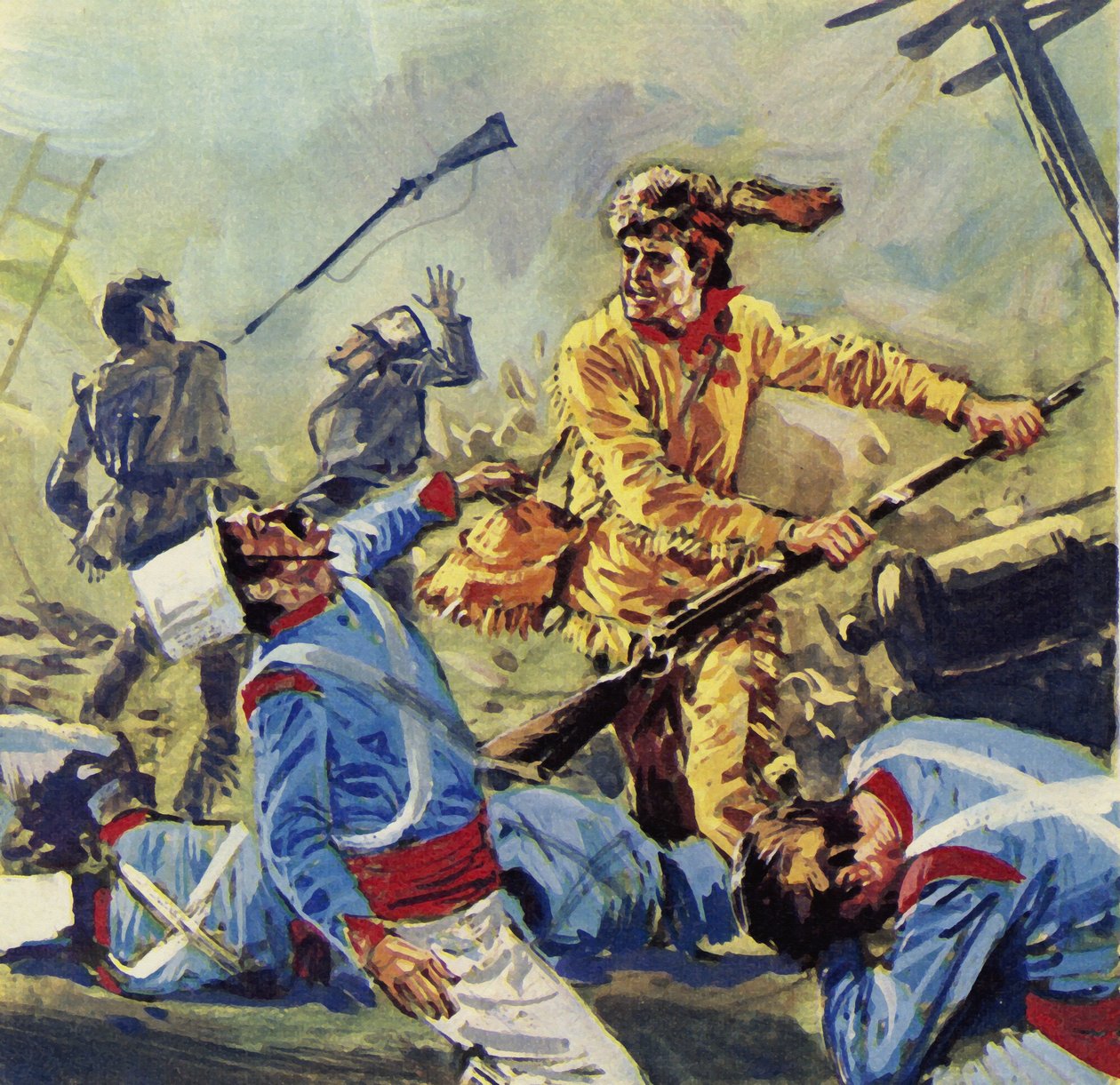 Davy Crockett kaatui lopulta meksikolaisten lakkaamattomiin hyökkäyksiin (värilitografia). tekijältä Luis Arcas Brauner