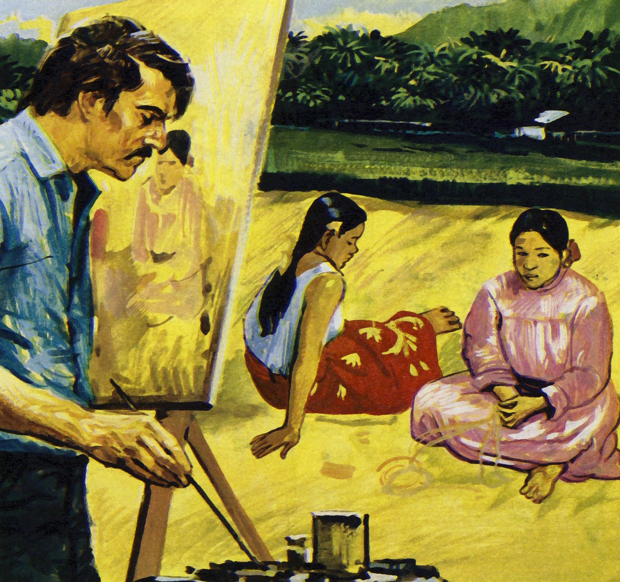 Gauguin maalasi alkuasukastyttöjä Tahitilla (värilitografia). tekijältä Luis Arcas Brauner