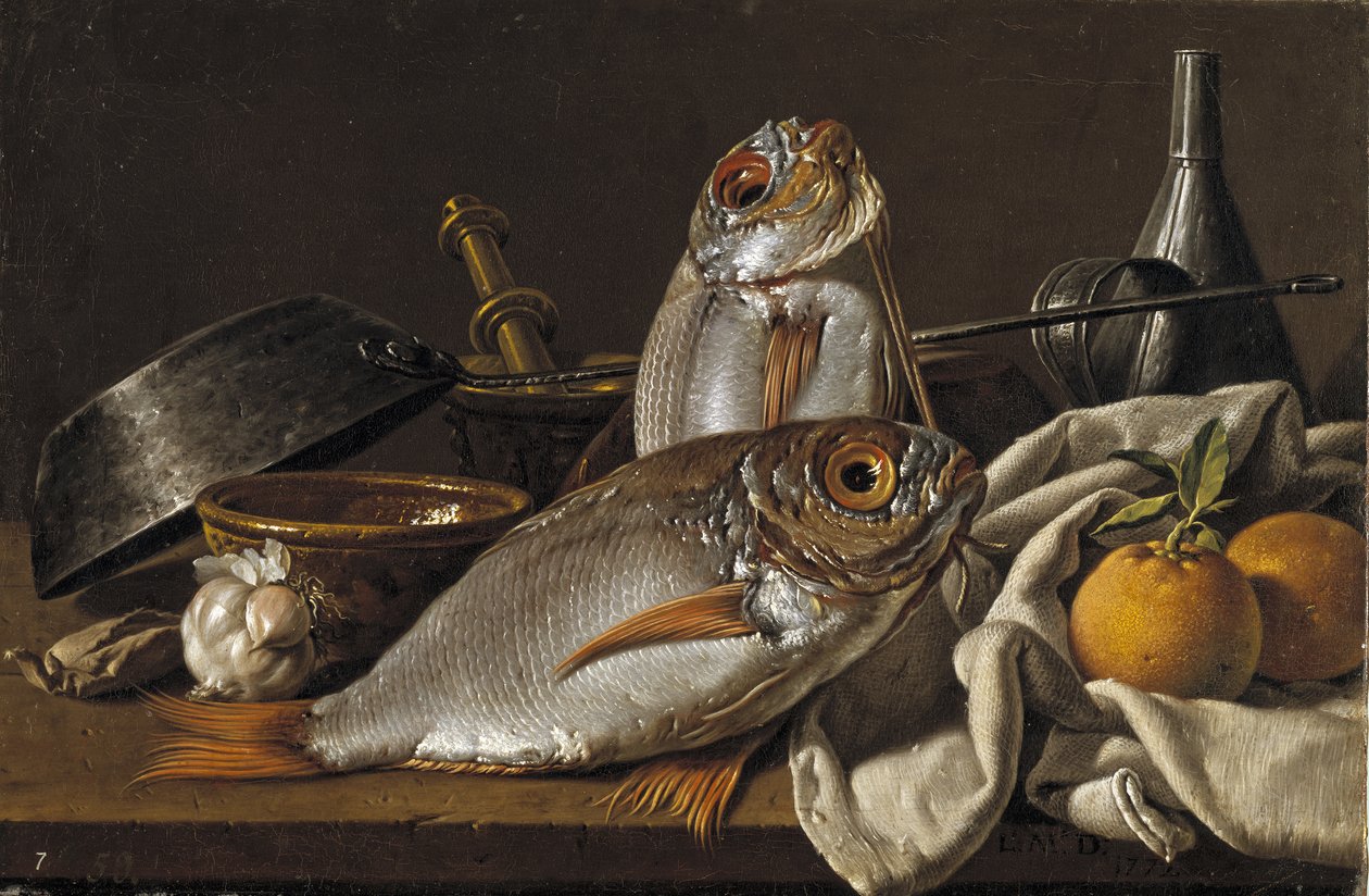 Asetelma lahnalla, appelsiinilla, valkosipulilla ja keittiövälineillä, 1772 tekijältä Luis Egidio Melendez