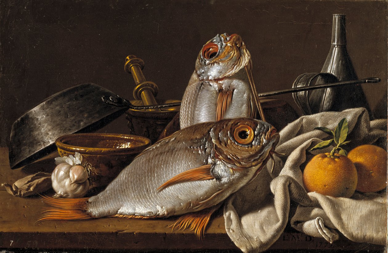 Asetelma lahnalla, appelsiinilla, valkosipulilla ja keittiövälineillä, Melendez, Luis Egidio (1716-1780) tekijältä Luis Egidio Melendez
