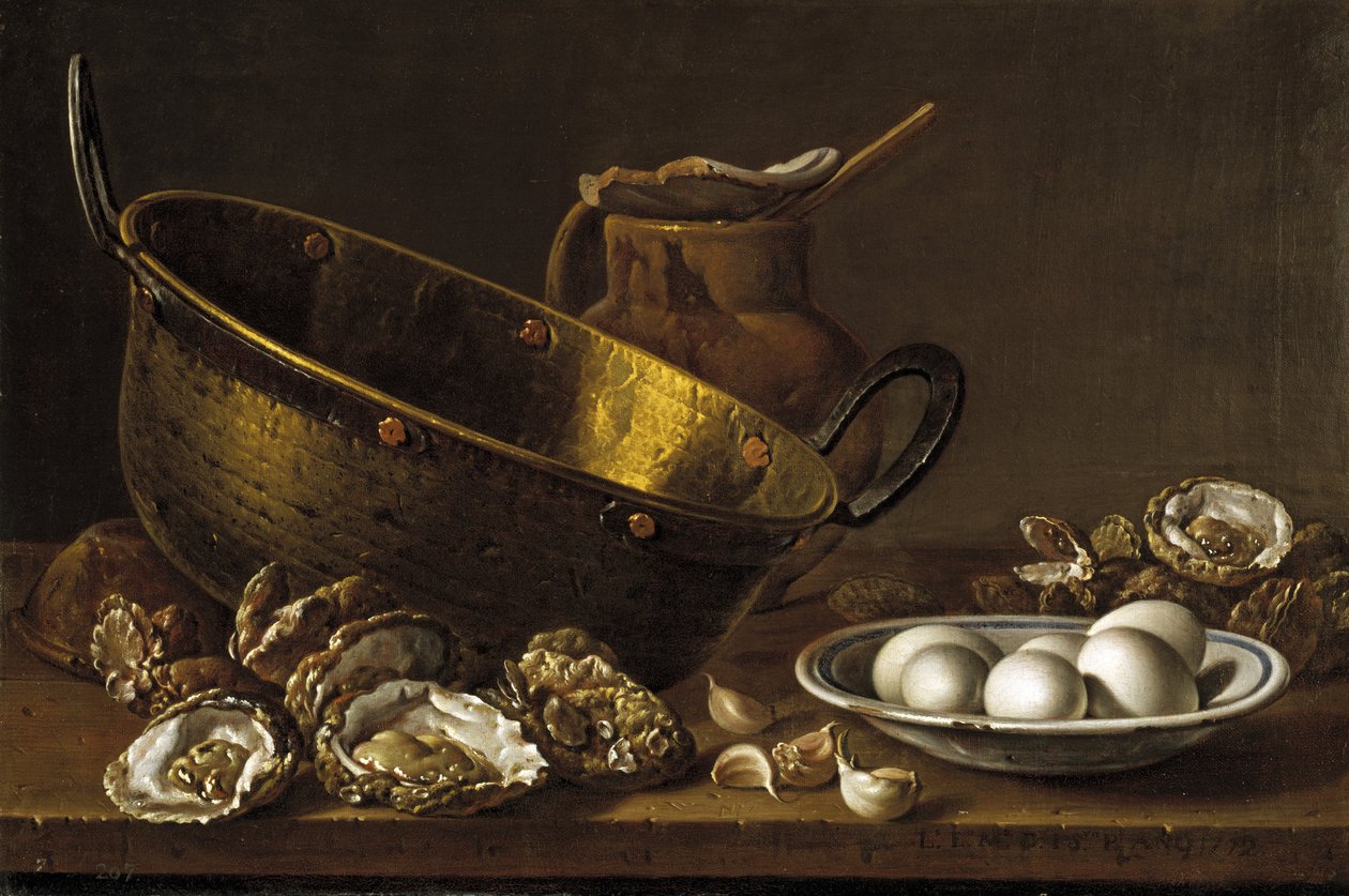 Asetelma ostereilla, valkosipulilla ja munilla, 1772 tekijältä Luis Egidio Melendez