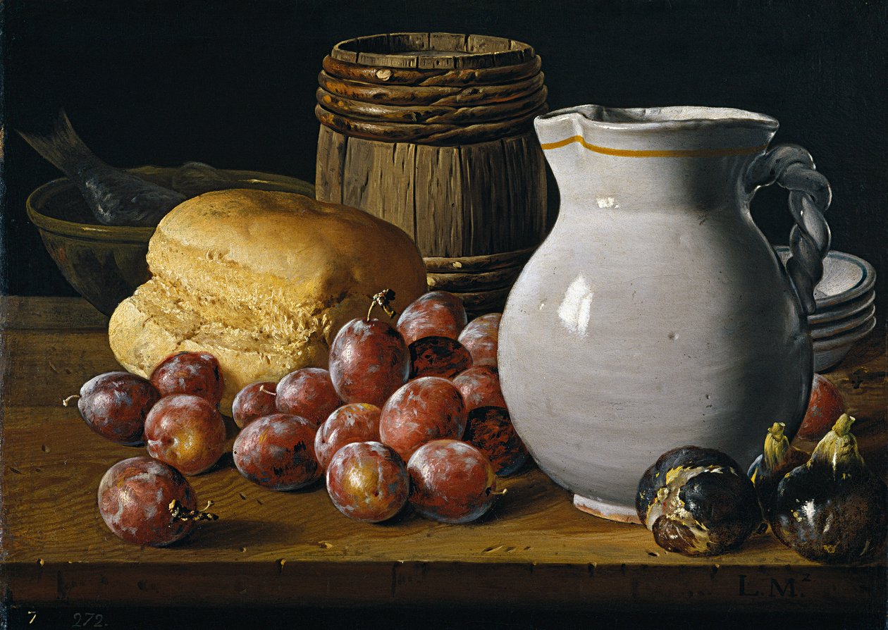 Asetelma luumut, viikunat, leipä ja kannu par Melendez, Luis Egidio (1716-1780), 1700-luvun toinen puoli. - Öljy kankaalle, 35x48 - Museo del Prado, Madrid tekijältä Luis Egidio Melendez