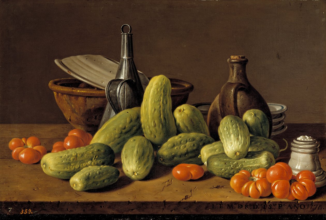 Espanjaksi: Bodegón con pepinos, tomates y recipientes Asetelma, jossa on kurkkuja, tomaatteja ja astioita. tekijältä Luis Egidio Melendez